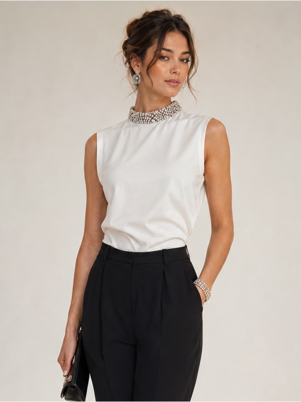 Prada Archival Miuccia Era Embellished Crystal Collar Sleeveless Top White IT 42